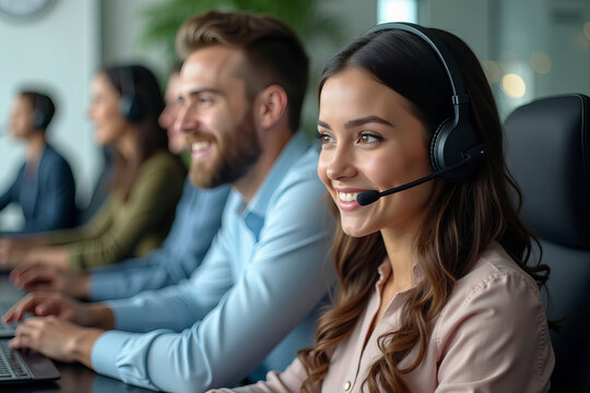 Young Call Center Team Engaging in Conversations with Customers
