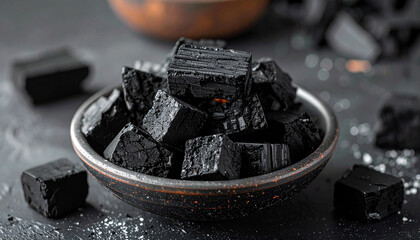 Black charcoal briquettes stacked in bowl for culinary. Fuel for fire or grill preparation.