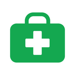 First aid kit icon. Green medical bag with a white cross. Flat vector illustration symbol for health, safety, and emergency.
