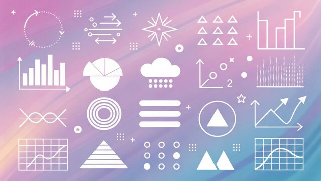 Collection of white infographic icons and charts on a blurred gradient background - Powered by Adobe