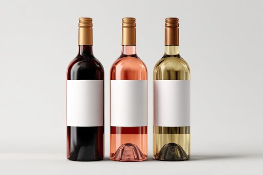Three wine bottles, red, ros?, and white, on a plain background.  Blank labels - Powered by Adobe