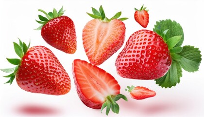 Strawberries and Sliced Strawberries Flying in the Air – Isolated on White Background