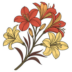 Stylized lily flowers in red and yellow isolated on white background