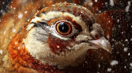Obraz premium Close-up of a bird's head with detailed feathers and sharp eye, surrounded by water droplets
