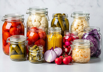 Summer radish, Assortment of Pickled Vegetables in Jars.