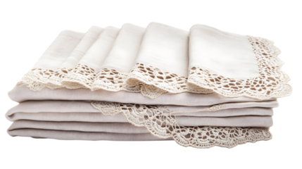 Elegant stack of linen napkins with delicate lace trim perfect for vintage table settings isolated on white background 