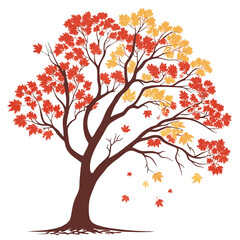 Stylized autumn tree with red and yellow leaves isolated on white background