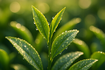 Tea plant details: A close-up of tea plant capturing the intricate details of vibrant green leaves glistening with droplets of dew, evoking freshness and purity. 