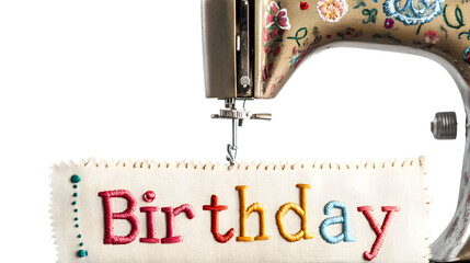 Sewing machine creating custom birthday message embroidery for personalized gifts project ideas isolated on white background 