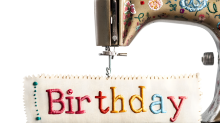 Sewing machine creating custom birthday message embroidery for personalized gifts project ideas isolated on white background 