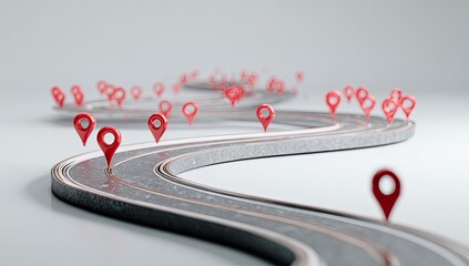 Winding road with numerous red location markers