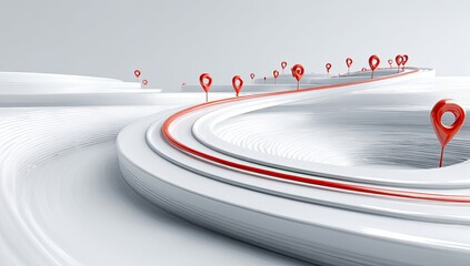Abstract white landscape with red marker pins.  A winding path of white,  layered structures.  Red marker pins highlight a curved route.  3D render