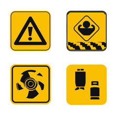 Obraz premium Set of warning signs displayed in bright yellow with black symbols.