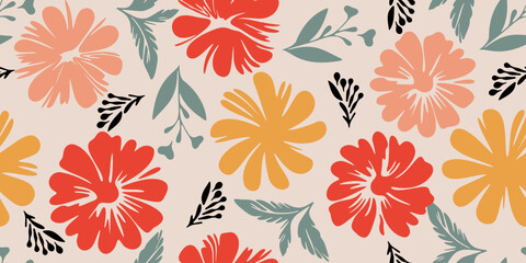 Flower seamless pattern. Organic shapes abstract floral background. Modern print in colorful for textile design, fabric, wallpaper, covers, cards, wall art, posters and decoration.