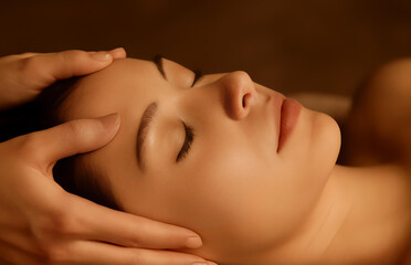 Spa therapist gently giving relaxing head massage to female client