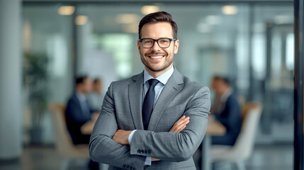Fototapeta premium Handsome smiling businessman in formal wear and eyeglasses standing at boardroom with arms crossed. smiling male businessman in his 30s, wearing a gray suit, a tie, and glasses. He is standing