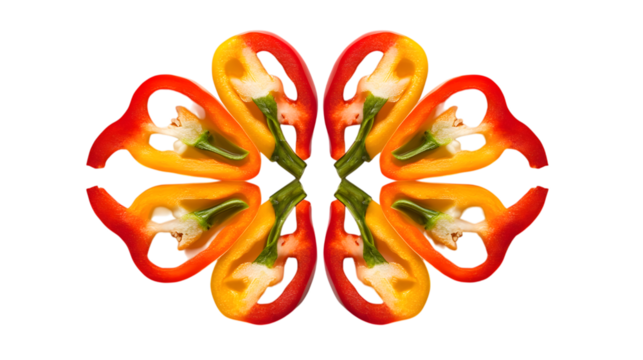 Vibrant kaleidoscope of sliced peppers creates a stunning abstract food pattern and healthy eating design isolated on white background 