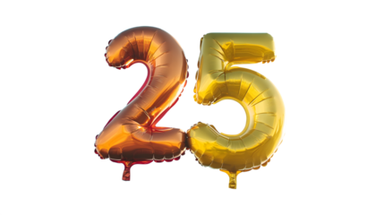 Celebrating twenty-five years with gold balloons for an anniversary or special birthday party isolated on white background