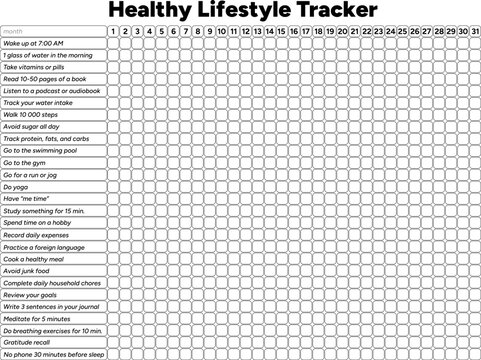 Lifestyle tracker with daily habit checklist. Habit tracker for month template. Vector illustration.
