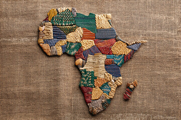 A map of Africa made from woven straw pieces arranged intricately on a burlap cloth background.