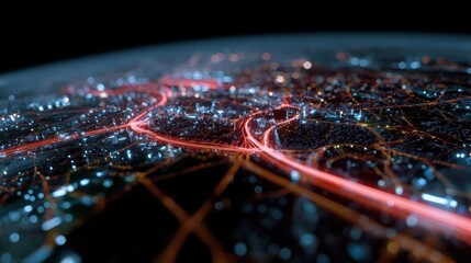 A smart city control center with holographic maps displaying real-time traffic and energy data, urban optimization. Connectivity, efficiency. Dark, high-tech.