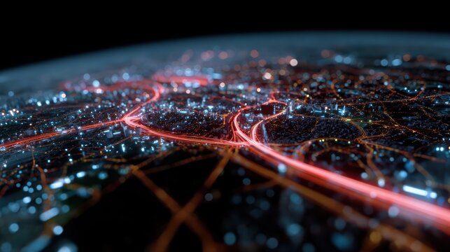 A smart city control center with holographic maps displaying real-time traffic and energy data, urban optimization. Connectivity, efficiency. Dark, high-tech.