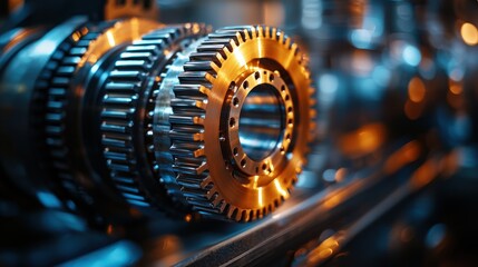 Close-up of metal gears interconnected with a blurred background in a workshop setting.