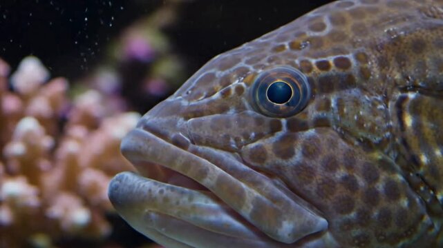 Close-up of a Brown Spotted Grouper Fish in an Aquarium with Coral Reef Background