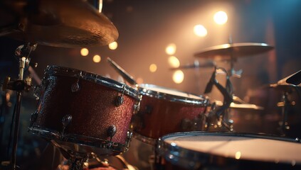 Drum Kit with Spotlights and Toms in Focus &ndash; High-Quality Music Equipment Photo for Concert or Studio Use