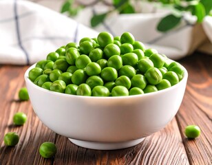 Fresh green peas in a white bowl on a wooden table
