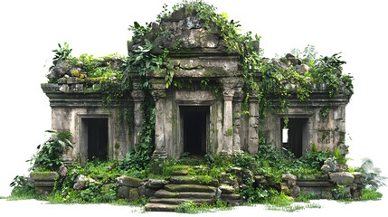 Explore the enchanting ancient ruin overgrown with lush greenery and climbing vines for travel and historical design isolated on white background 