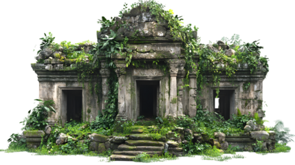 Explore the enchanting ancient ruin overgrown with lush greenery and climbing vines for travel and historical design isolated on white background 
