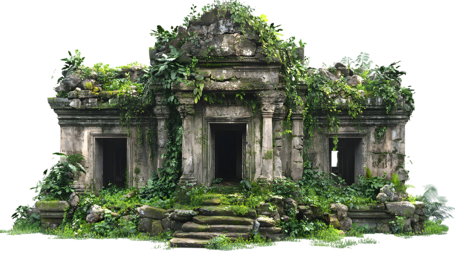 Explore the enchanting ancient ruin overgrown with lush greenery and climbing vines for travel and historical design isolated on white background 