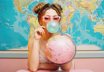 Girl blows bubble gum in front of a world map and globe. A playful shot full of fun and whimsy. Travel concept, globe trotter, quirky style.