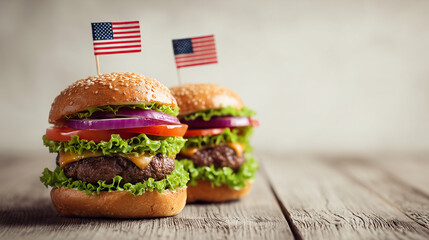Two fresh homemade burgers with american flags