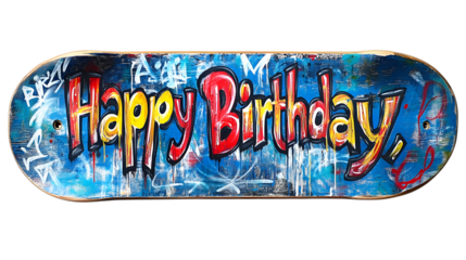 Vibrant Happy Birthday message painted on a cool skateboard deck for birthday celebration fun isolated on white background 