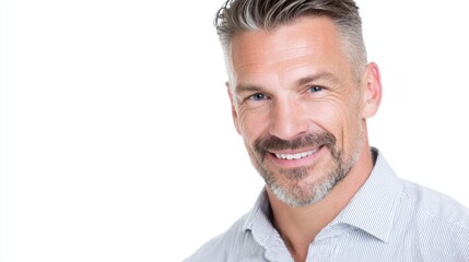Obraz premium The man appears confident with a friendly smile, showcasing his well-groomed gray hair and dressed in a striped shirt. The bright white backdrop enhances his cheerful demeanor.