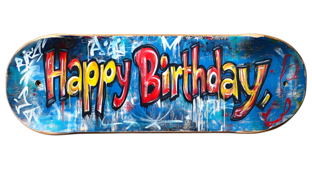 Vibrant Happy Birthday message painted on a cool skateboard deck for birthday celebration fun isolated on white background  - Powered by Adobe