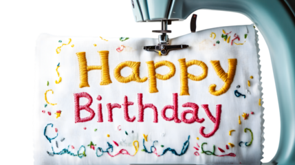 Crafting happy birthday embroidery with a vintage sewing machine for a unique handmade gift isolated on white background 