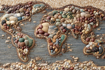 A country map represented with carved soap and pebble borders illustrating coastlines, rivers, and landmarks.