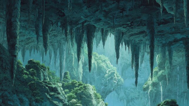 Anime background Subterranean cavern system stalactites dripping steadily unknown creatures dwelling deep