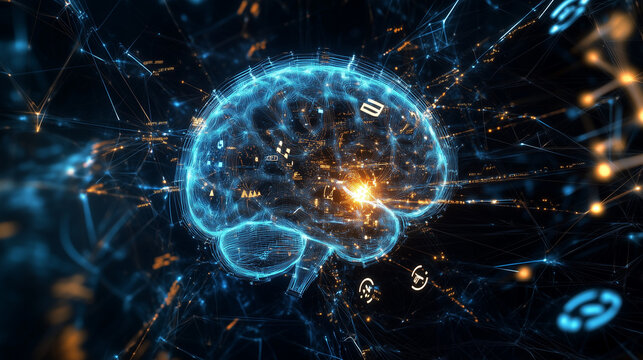 Digital brain with glowing blue neural nodes and data flow representing artificial intelligence