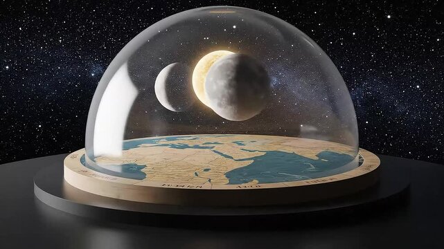 Flat Earth Map Model with Dome, Sun, and Moon in Starry Space