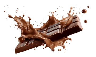 delicious chocolate bar pieces falling into chocolate splashes transparent background, cut