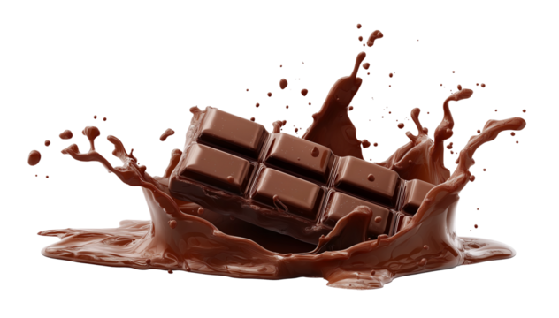 delicious chocolate bar pieces falling into chocolate splashes transparent background, cut