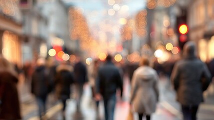 Fototapeta premium Pedestrians stroll along a bustling street adorned with colorful holiday lights as evening falls. The cheerful atmosphere reflects the festive season.