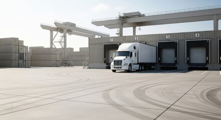 Freight truck at industrial warehouse with loading docks and modern logistics infrastructure