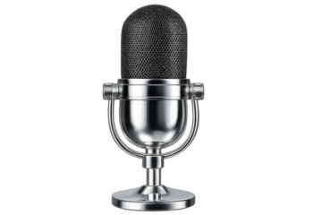 Chrome microphone standing on a transparent background, ready for recording vocals or podcasts