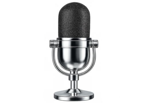 Chrome microphone standing on a transparent background, ready for recording vocals or podcasts