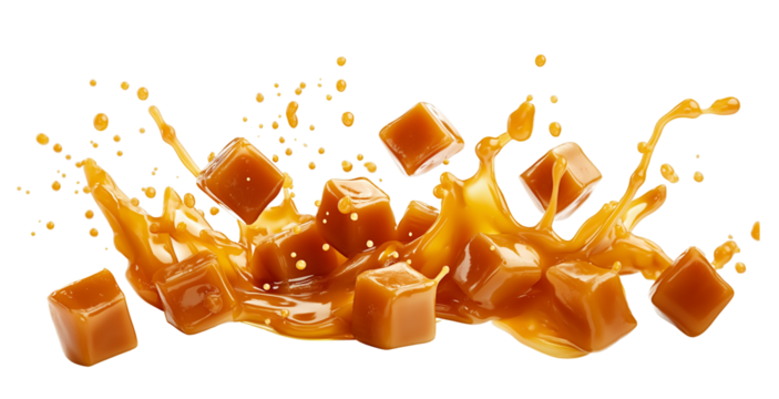 Delicious caramel candies splashing transparent background, png